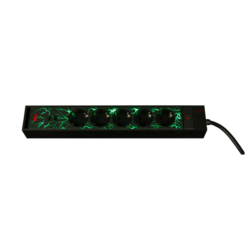 Asztali elosztó "GAMER" 5-ös, 3x1.5, 1.4m 2xUSB fekete, színes leddel
