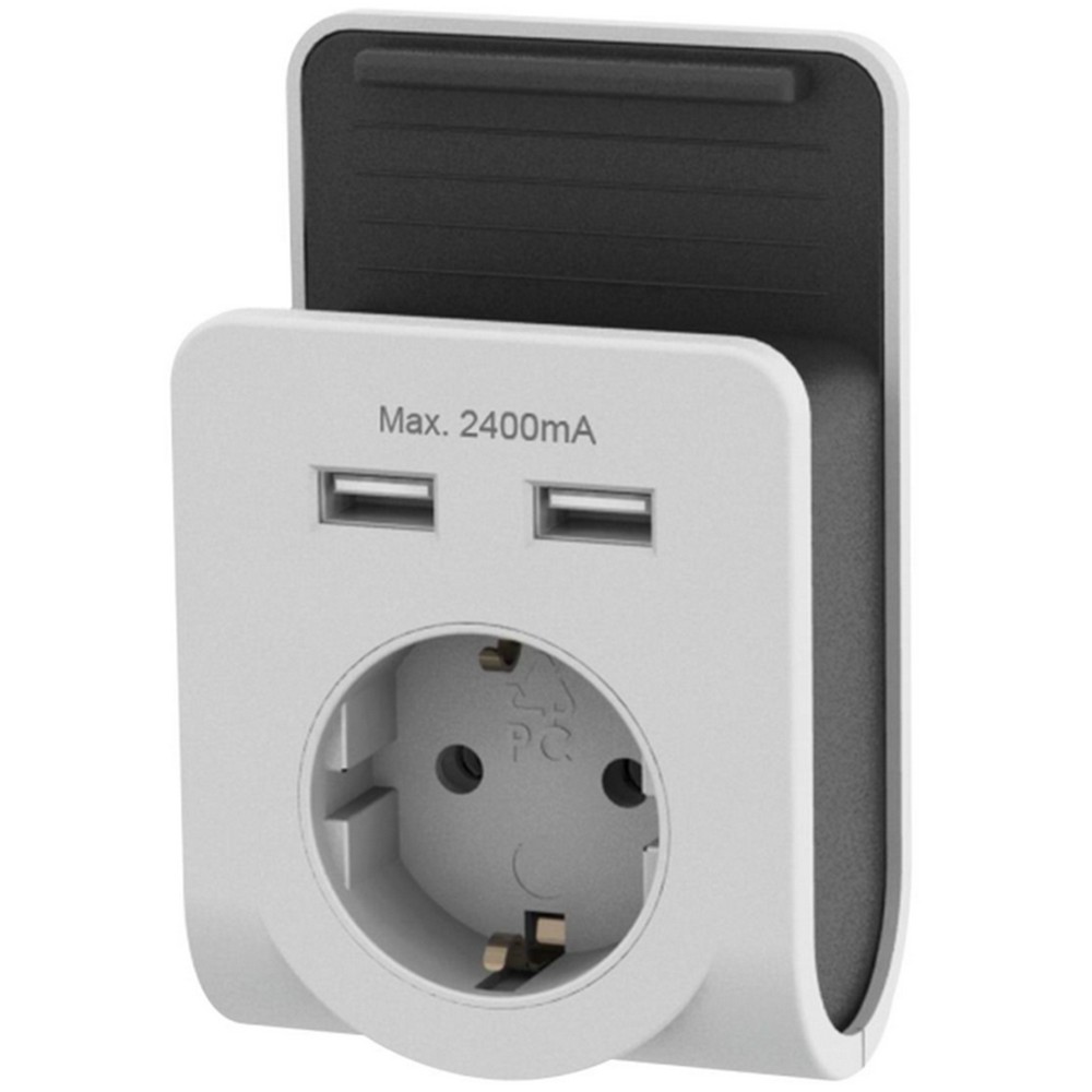 Földelt köztes csatlakozó aljzat 2xUSB töltővel és mobilt tartóval