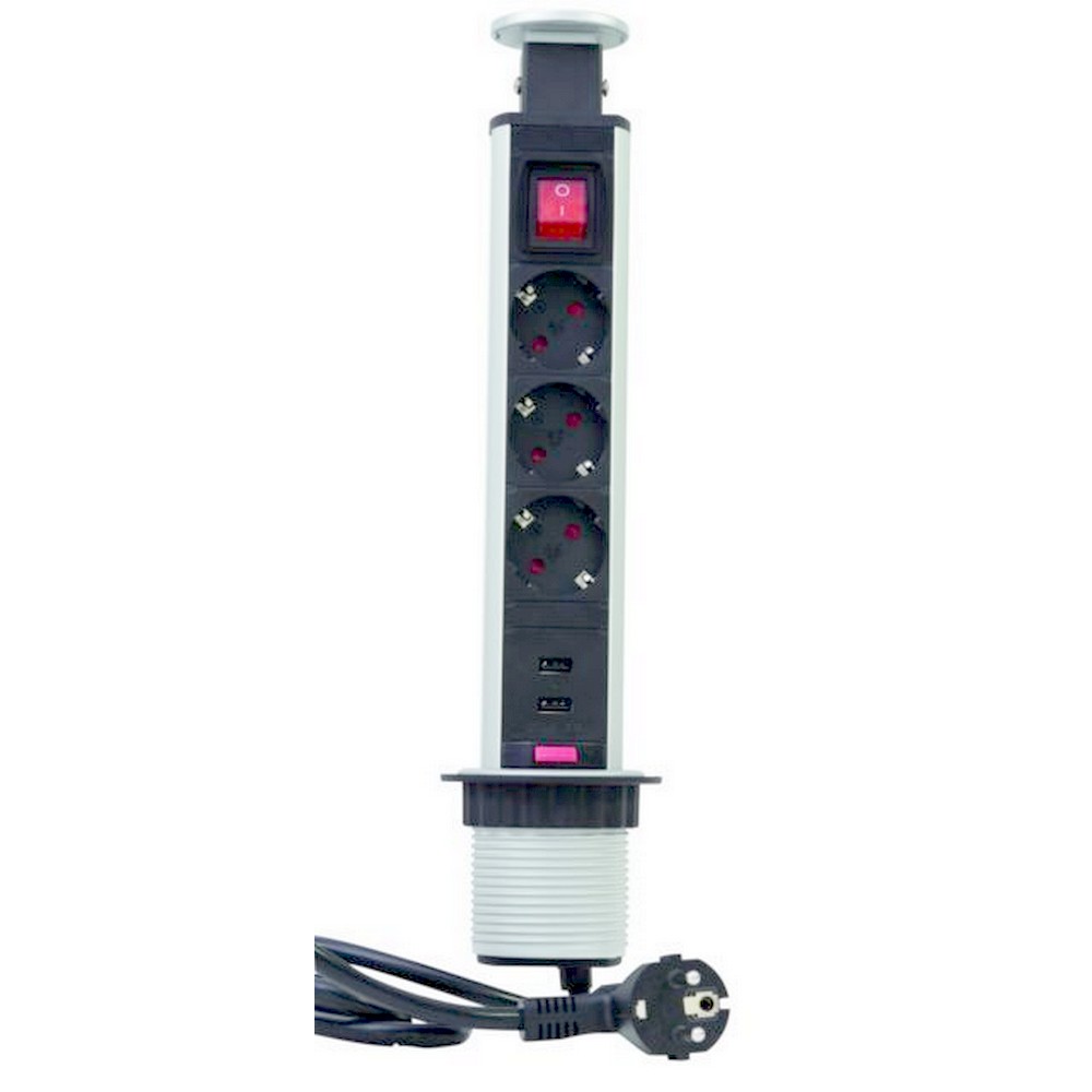 Energiaoszlop asztali, süllyeszthető 3 dugalj+USB kapcs, 3dugalj+USB , kapcsolóval 1,5m két USB csat